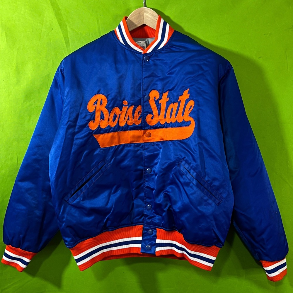 Vintage 80s Felco Boise State College Satin Bomber Jacket Blue Orange Mens Large